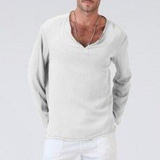 Men's Solid Color V-neck Casual Long-sleeved Cotton And Linen T-shirt